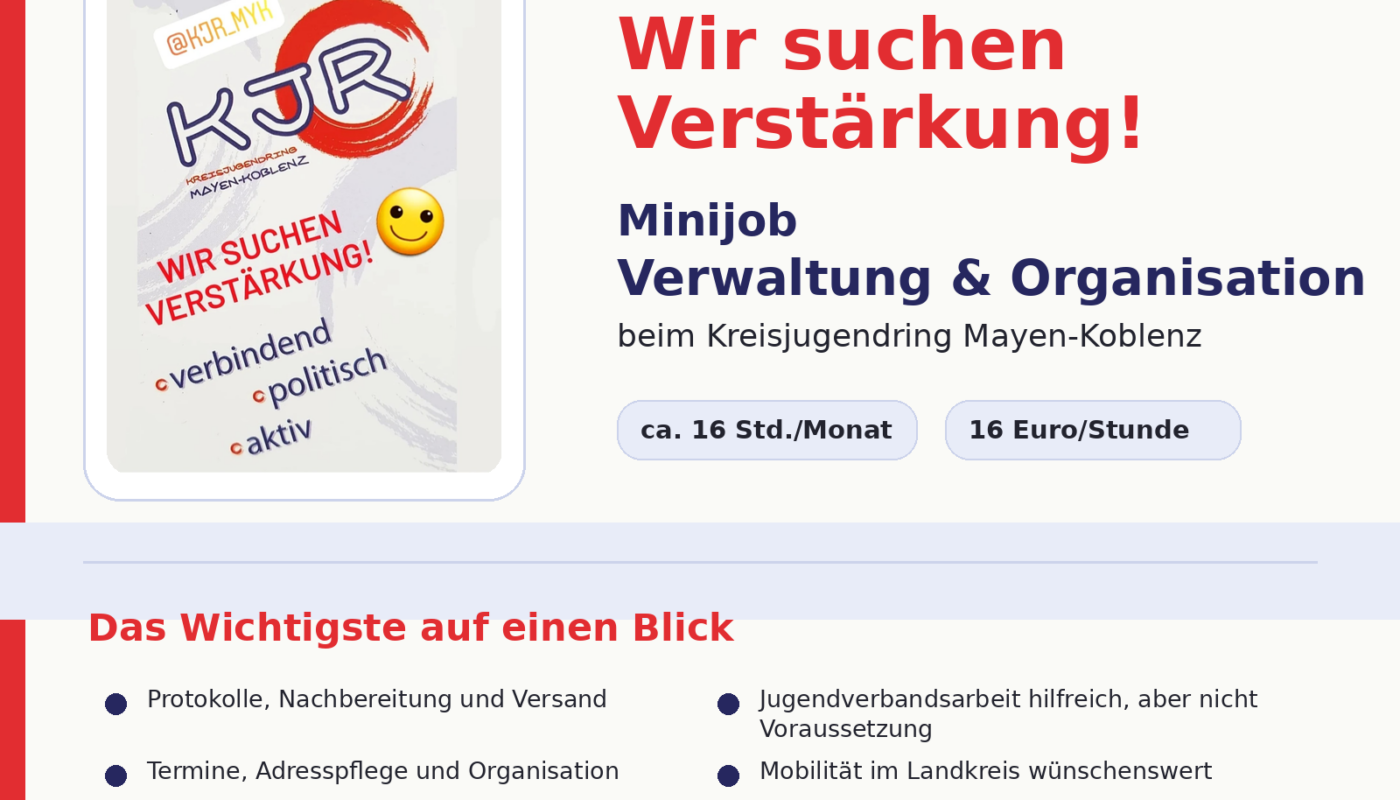 Der Kreisjugendring Mayen-Koblenz sucht Unterstützung für Verwaltung und Organisation auf Minijob-Basis.