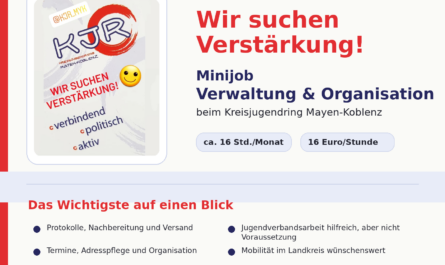 Der Kreisjugendring Mayen-Koblenz sucht Unterstützung für Verwaltung und Organisation auf Minijob-Basis.